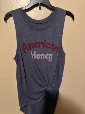 American Honey Graphic Knot-Front Tank - Navy with Burgundy & Light Gray